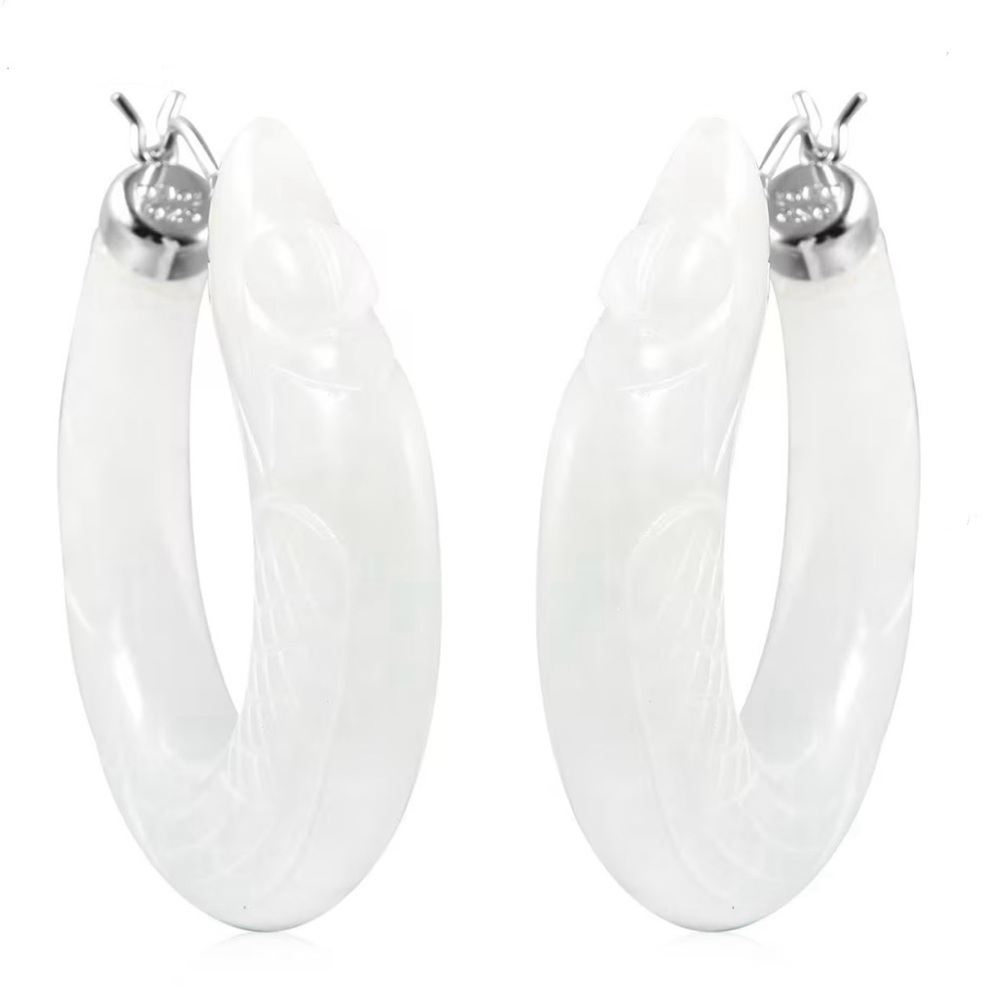 Elegant White Jade Carved Phoenix Hoop Earrings